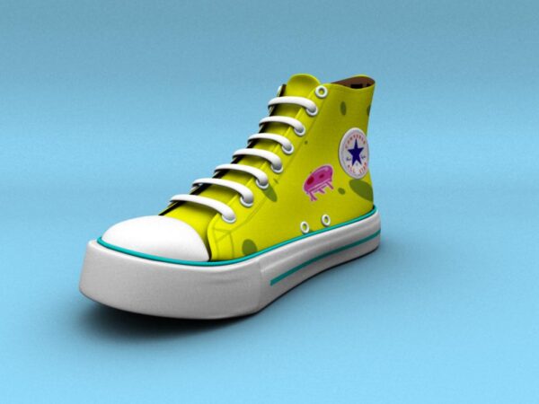 A digital rendering of a high-top sneaker designed with a SpongeBob SquarePants theme. The shoe features a bright yellow base with sponge-like spots, a pink jellyfish on the side, and a Converse All-Star logo.