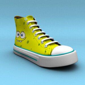 A 3D-rendered turnaround preview of a SpongeBob SquarePants-inspired sneaker. The high-top shoe is yellow with green sponge-like spots, a white rubber toe cap, and blue accents along the sole.