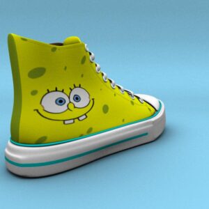 A digital rendering of a high-top sneaker featuring a SpongeBob SquarePants design. The bright yellow shoe has green sponge-like spots and displays SpongeBob’s smiling face with blue eyes on the inner side.