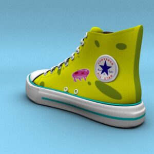 A 3D-rendered high-top sneaker inspired by SpongeBob SquarePants. The shoe is bright yellow with green sponge-like spots, featuring a pink jellyfish and a Converse All-Star logo on the outer side.