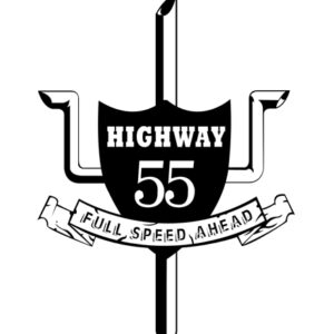 A black and white logo for Highway 55: Full Speed Ahead, showcasing a stylized road sign with bold typography. The emblem is integrated with three exhaust pipes forming a trident shape, reinforcing the theme of motion and psychology.