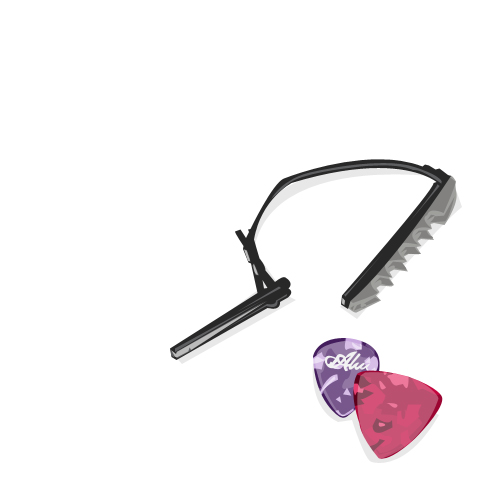 A black capo alongside two colorful guitar picks, one purple and one red, featuring brand text.