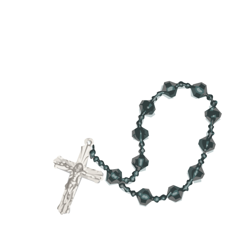 A black beaded rosary with a silver cross, carefully illustrated with attention to detail.