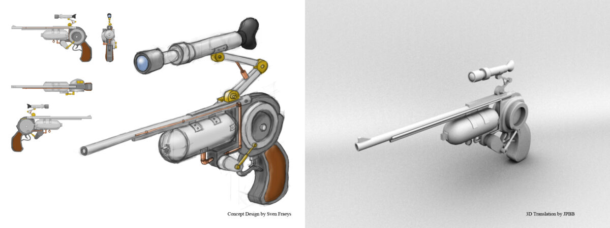 ide-by-side comparison of the steampunk handgun concept art and its 3D-modeled counterpart.