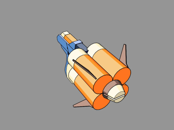 Bottom-up angle of the Manga Fighter Crossbow, emphasizing the rotating barrels and stabilizer fins.