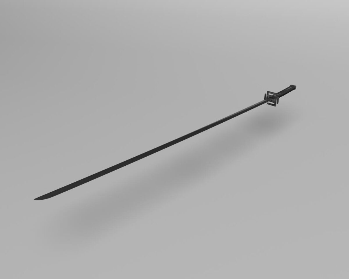 A dark, high-quality 3D render of Tensa Zangetsu with a polished black blade and cross-shaped guard, reflecting light subtly.