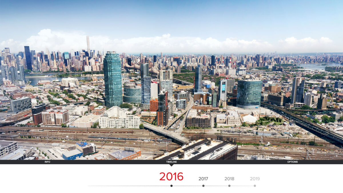 Aerial view of Long Island City in 2016, displaying the city's skyline with various buildings, roads, and bridges. A timeline at the bottom highlights the year 2016.