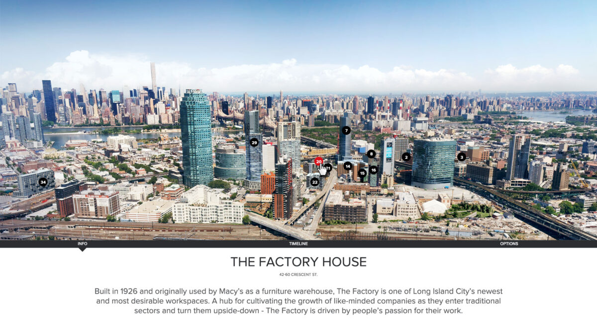 Detailed view of "The Factory House" in Long Island City, with a description overlay explaining its history as a furniture warehouse and its transformation into a modern workspace.