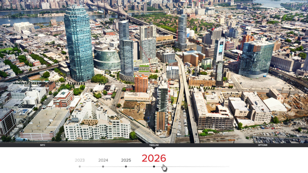 Projection of Long Island City in 2026, illustrating new high-rise buildings and urban development compared to its 2016 counterpart. The timeline at the bottom highlights the year 2026.