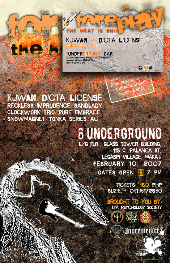 A grunge-style digital poster for the Foreplay: The Heat is On! music event, featuring bands such as Kjwan and Dicta License. The design includes a torn concert ticket overlay, a textured burnt-orange background, and a skeletal hand holding a guitar.