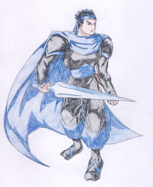 A colored pencil illustration of Ulan in his early design. He stands in a battle-ready pose, wearing a flowing blue cape, gripping a sleek silver sword.