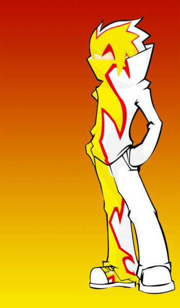 A digital illustration of Oreez, the dark counterpart to Zeero Huy. His design contrasts Zeero's, with a white and gold flame pattern, jagged edges, and an intense stance, set against a fiery orange gradient backdrop.