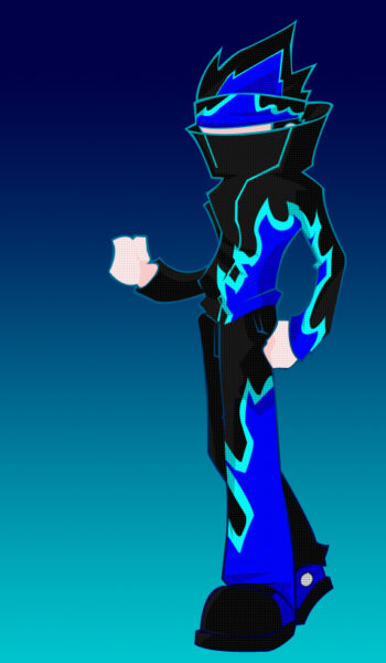 A stylized digital illustration of Zeero Huy, depicted in the Zirostilo art style, a unique aesthetic developed for character designs. His figure is outlined in sharp angles, with a blue flame pattern flowing asymmetrically across his dark outfit, set against a deep blue gradient background.