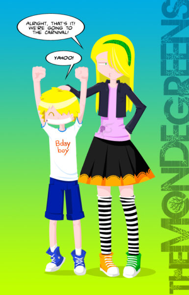 A stylized digital illustration of The Mondegreens, with Todd cheering in excitement as Madeleine reluctantly agrees to take him to the carnival.