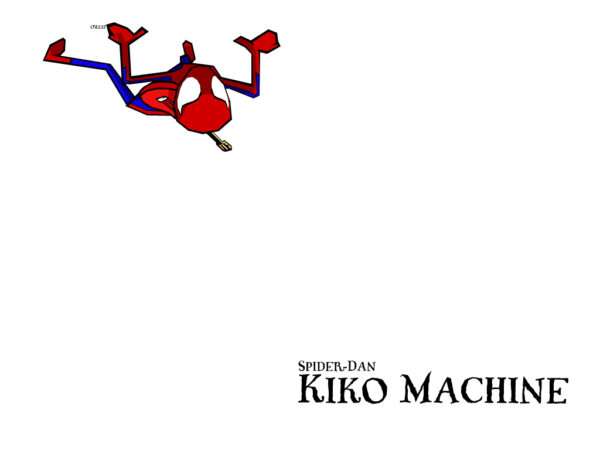 A stylized digital illustration of Spider-Dan, inspired by a member of the Filipino band Kiko Machine. The character is drawn in Zirostilo, featuring exaggerated proportions and angular limbs, playfully falling through the air.