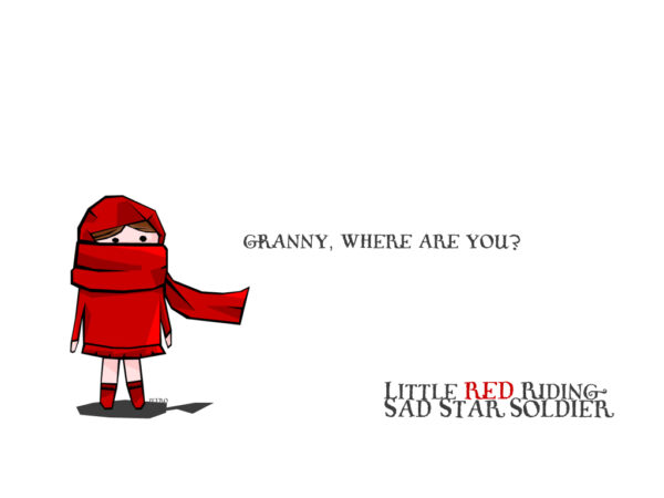 A simplified, melancholic version of Little Red Riding Hood wearing a crimson scarf. The character stands alone with a sorrowful expression, emphasizing a theme of loss and searching.